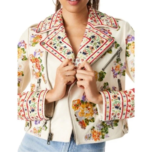 Alice + Olivia Cody Embellished Moto Leather Jacket Floral White - Picture 4 of 11